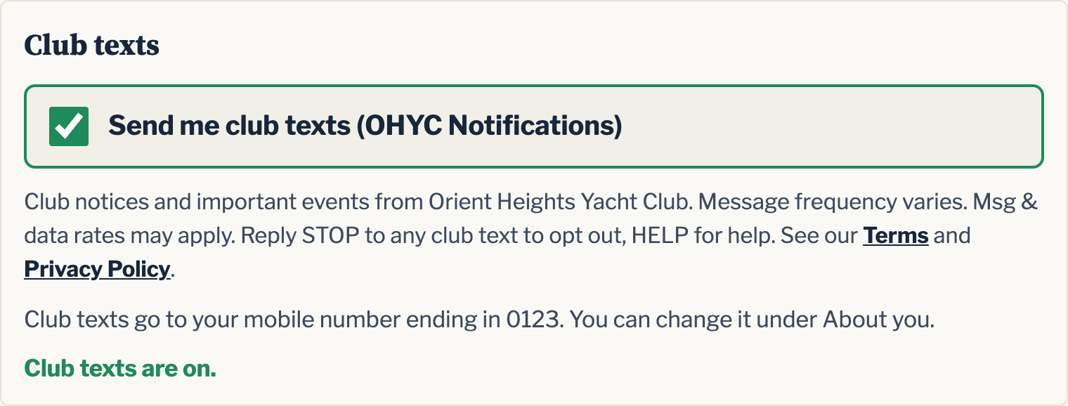 The Club texts section of a member&rsquo;s My Account page: a large checkbox labelled Send me club texts (OHYC Notifications), with the frequency, rates, STOP and HELP notice and links to the terms and privacy policy beside it.